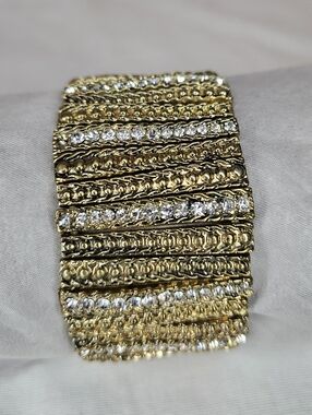 Gold Rhinestone-Accented Wide Cuff Stretch Bracelet